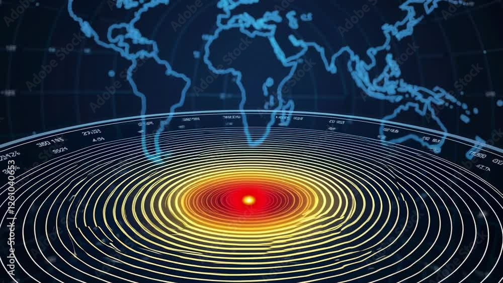 Aufkleber Seismic waves radiating from earthquake epicenter across global map, visualizing geological impact and spreading destruction through slow motion simulation of natural disaster dynamics