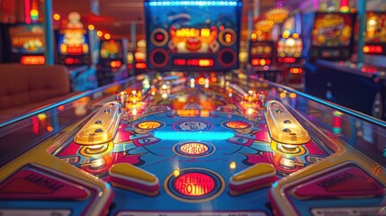 Close-up of a vintage pinball machine in a brightly lit arcade.