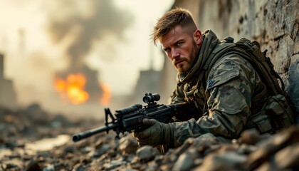 Fototapeta premium Determined soldier amidst war torn devastation armed for combat