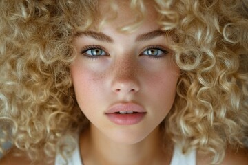 Portrait of a woman with vibrant curly blonde hair, freckles, and captivating green eyes, showcasing natural beauty and youthful elegance