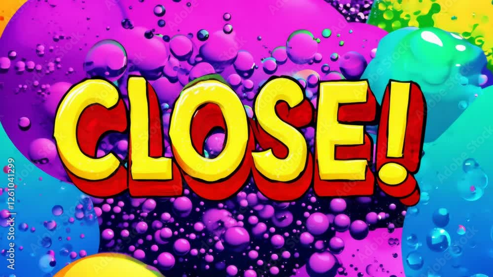 Poster A colorful background with a large red and green bubble that says 