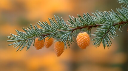 A branch of cedar with young orange cones