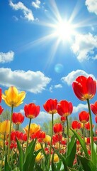 Fototapeta premium Stunning scene of vibrant red tulips under a bright blue sky with sunlight enhancing their beauty