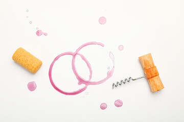 Corkscrew, cork and red wine stains on white background, top view