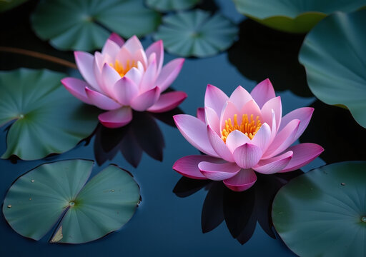 dark blue water surrounds beautiful thai lotus flowers bring appreciation people around world