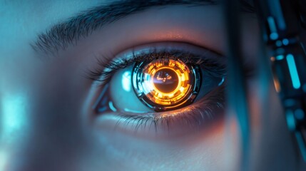 Close up of a robotic eye implant glowing orange, showcasing advancements in bionic technology and futuristic vision enhancement