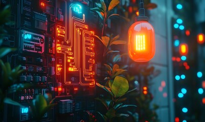 Futuristic circuit board with glowing lines and a hanging bulb surrounded by foliage