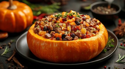 Stuffed pumpkin with autumnal filling, Thanksgiving feast