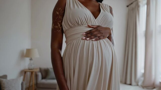 Happy african american Pregnant Woman in White Dress Standing in Her House
