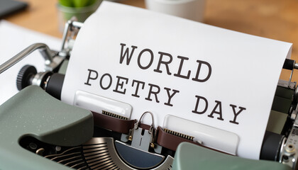 Vintage typewriter with the phrase 'World Poetry Day' printed on a sheet, celebrating the art of poetry and literary expression.