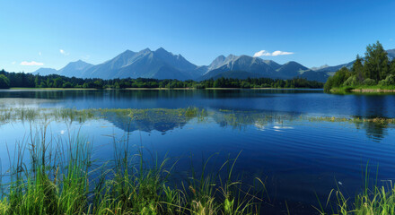 Fototapeta premium A breathtaking mountain landscape featuring clear water, majestic peaks, and a stunning blue sky adorned with fluffy clouds. Perfect for themes of nature, serenity, and outdoor beauty.