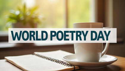 Warm and inviting workspace scene for World Poetry Day featuring a coffee cup and a notebook, encouraging creativity and inspiration.