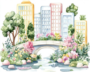 vibrant watercolor illustration of futuristic cityscape featuring colorful buildings, lush greenery, and blooming flowers. scene includes charming bridge over serene waterway, creating peaceful