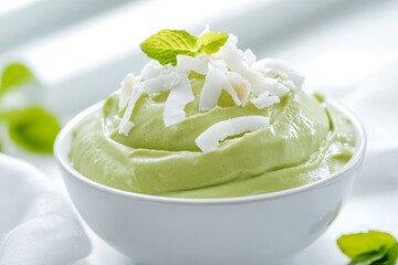 Smooth and vibrant green matcha bowl showcases a delicate topping of coconut flakes. Natural light enhances freshness and simplicity for a nutritious meal or snack