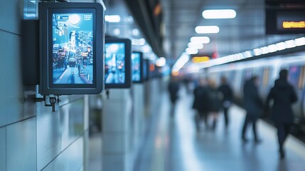 Fototapeta premium Subway platform screens, commuters, arriving train, digital advertising