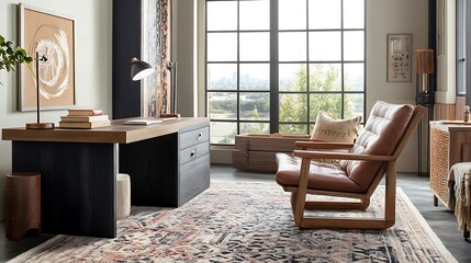 Modern Home Office Design With Leather Chair And Desk