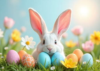 easter bunny ears decorated colorful eggs floral meadow scene bright airy flower