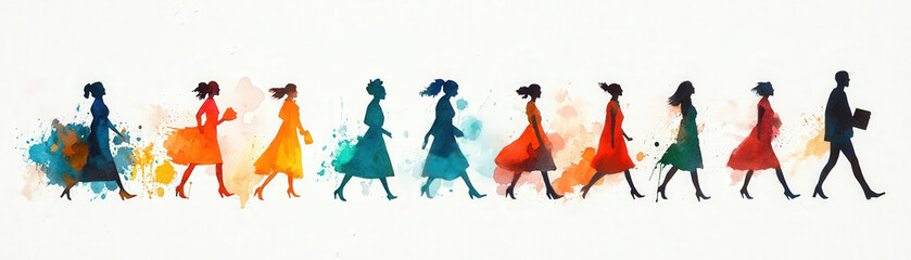 Women in colorful dresses walking in watercolor style, showcasing diverse fashion and movement. vibrant colors and fluid forms create lively and artistic expression