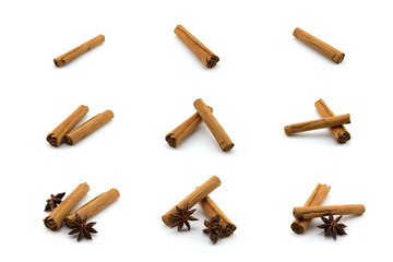 Set of cinnamon sticks, isolated on white background
