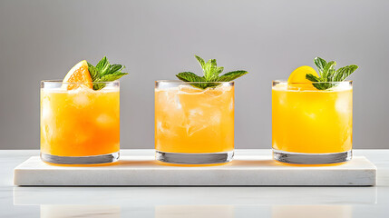 Three glasses of orange juice with ice & mint on a white surface, beverage advertising