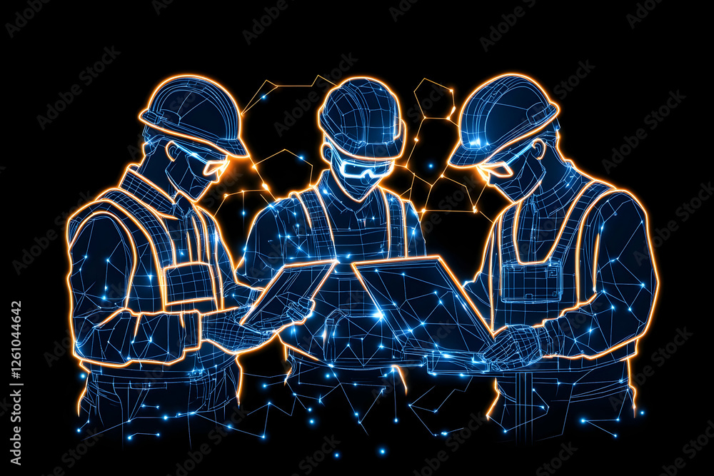 Poster three outlined workers in construction inspecting plans and blueprints with digital network backgrou