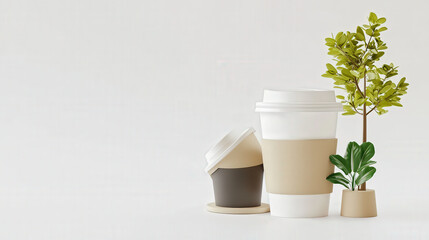 Eco friendly coffee cups with small plant, showcasing sustainability and minimalism. Perfect for promoting ethical consumption and green living