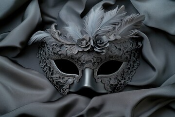 Naklejka premium Dramatic Black Lace Mask Adorned With Feathers on Dark Velvet Surface in Spotlight With Ample Copy Space for Elegant Design