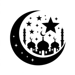 Islamic festival greeting card Ramadan Kareem moon mosque star festival black silhouette on white background 