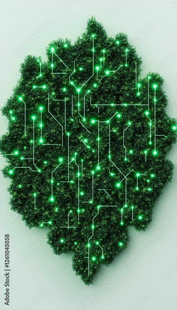 Poster tree with circuit board overlay, symbolizing tech and nature harmony, for eco tech blogs