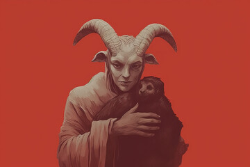 Female horned demon holding a goat