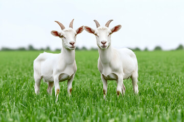 Fototapeta premium Two goats stand in green field, idyllic rural scene for farm, livestock or nature advertisement