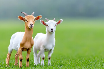 Obraz premium Two young goats stand together on a green meadow, looking at the viewer in a close-up view