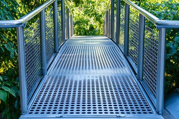Modern Footbridge: A contemporary metal footbridge with a sleek, grated walkway and stainless steel railings extends into a verdant landscape, promising a tranquil journey. 