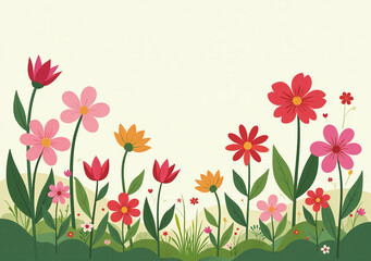 flat cartoon floral design natural setting featuring flowers spring summer