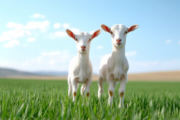 Fototapeta premium Two young goats standing in grass, field and blue sky behind. Use farm, animal, nature
