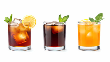 Variety of iced drinks in glasses with lemon and mint against a white backdrop for refreshment
