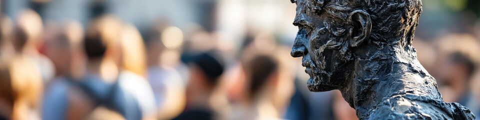 Fototapeta premium Bronze Bust of a Man Against a Blurred Crowd Background