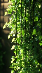 Fototapeta premium Stunning garden display with cascading plants over trellis and lush foliage bathed in soft light