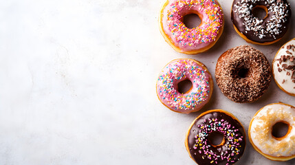 un fondo liso con espacio de copia con deliciosas donas glaseadas de colores con chispas de chocolate coloridas comida dulce y postre 