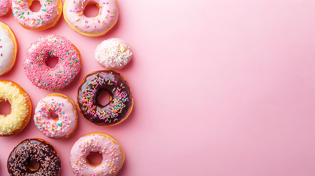 donas glaseadas con chispas de chocolate de colores pastel sobre un fondo rosa liso vacio con espacio de copia para diseño de postres