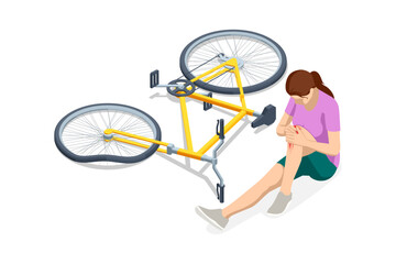 An isometric illustration of a woman sitting on the ground next to a crashed yellow bicycle, holding her injured knee.
