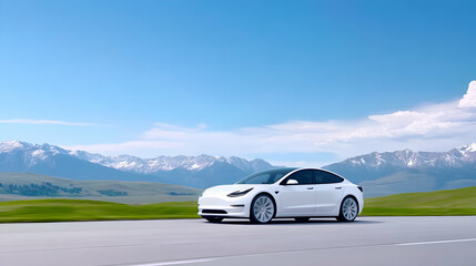 Fototapeta na wymiar White car drives on a road in front of green hills and snowy mountains under a blue sky