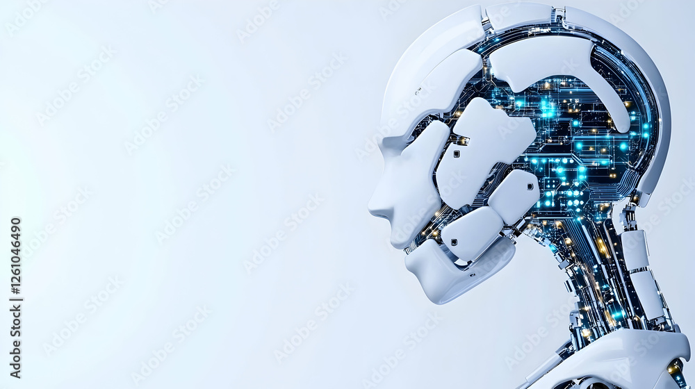 Poster white cyborg head with visible circuits concept. tech. future, artificial intelligence, robot