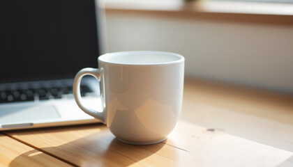 White coffee mug on wooden table with laptop in the background