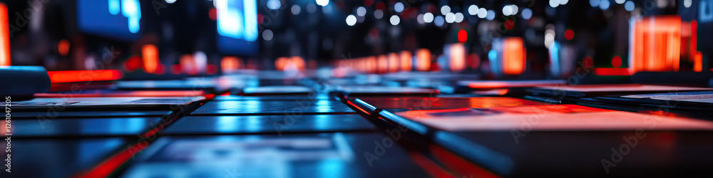 Poster close-up of illuminated rectangular panels and reflective surface