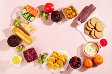 Frame with gluten free salads, snack, smoothies. Quick food to eat on the go or for lunch break, ready gluten free meals