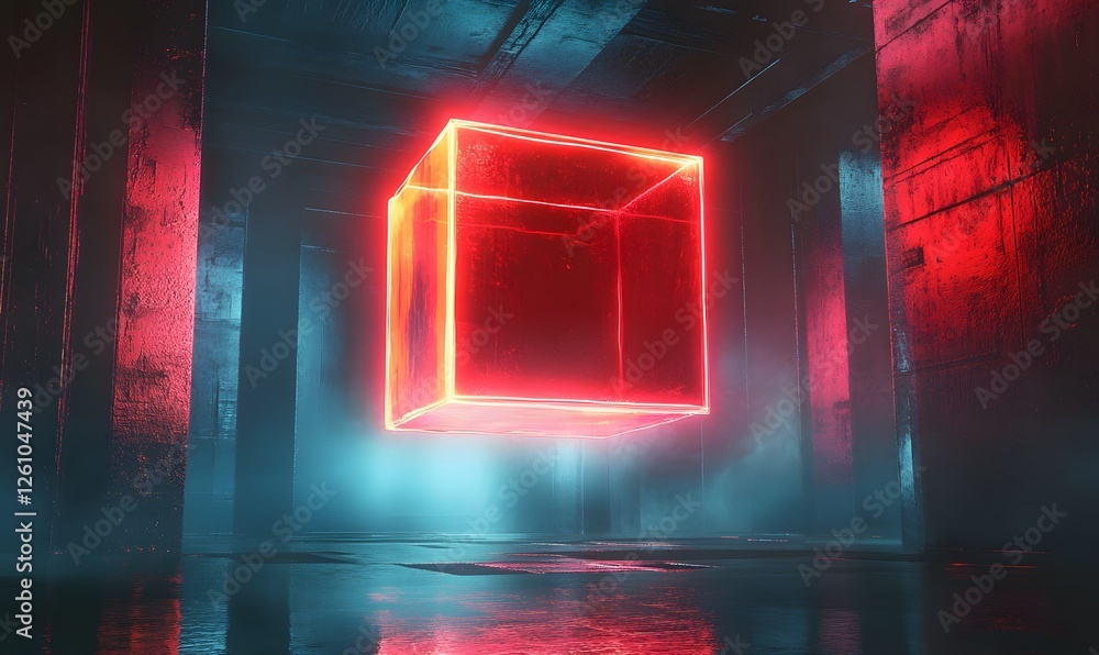 Aufkleber a red neon cube floats in a dark room with reflective wet floor and pillar like structures