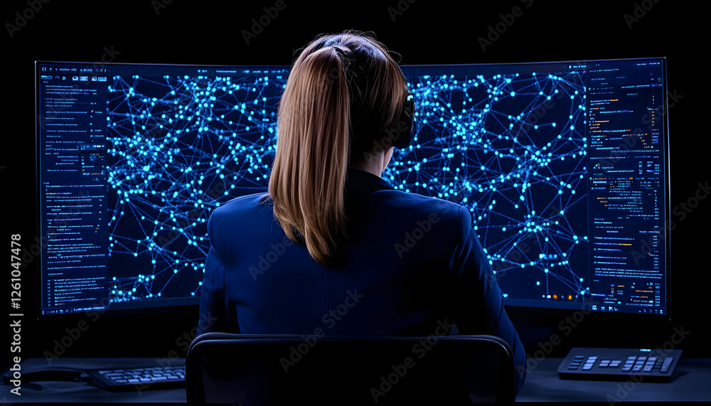 Aufkleber woman works in her home office analyzing data flow on a large screen for data science tasks