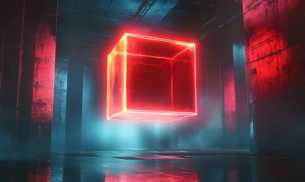 A red neon cube floats in a dark room with reflective wet floor and pillar like structures