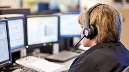 Customer service representative assisting clients at a busy call center with multiple screens